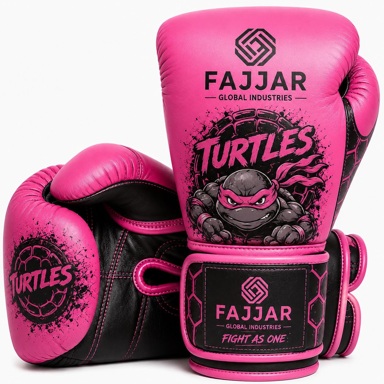 Premium Leather Fight & Sparring Gloves Ultimate Velcro, Boxing Gloves Black, Pink Turtles