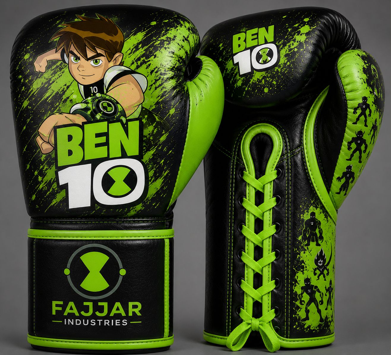 Premium Leather Fight & Sparring Gloves Ultimate Lace-Up Boxing Gloves Black, Green Ben 10