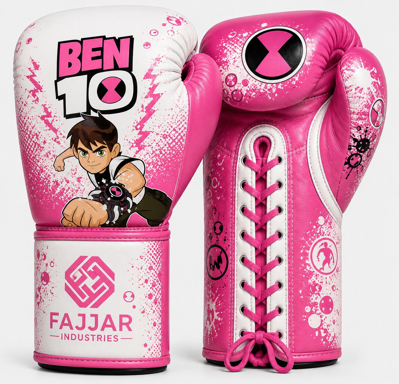 Premium Leather Fight & Sparring Gloves Ultimate Lace-Up Boxing Gloves White, Pink Ben 10