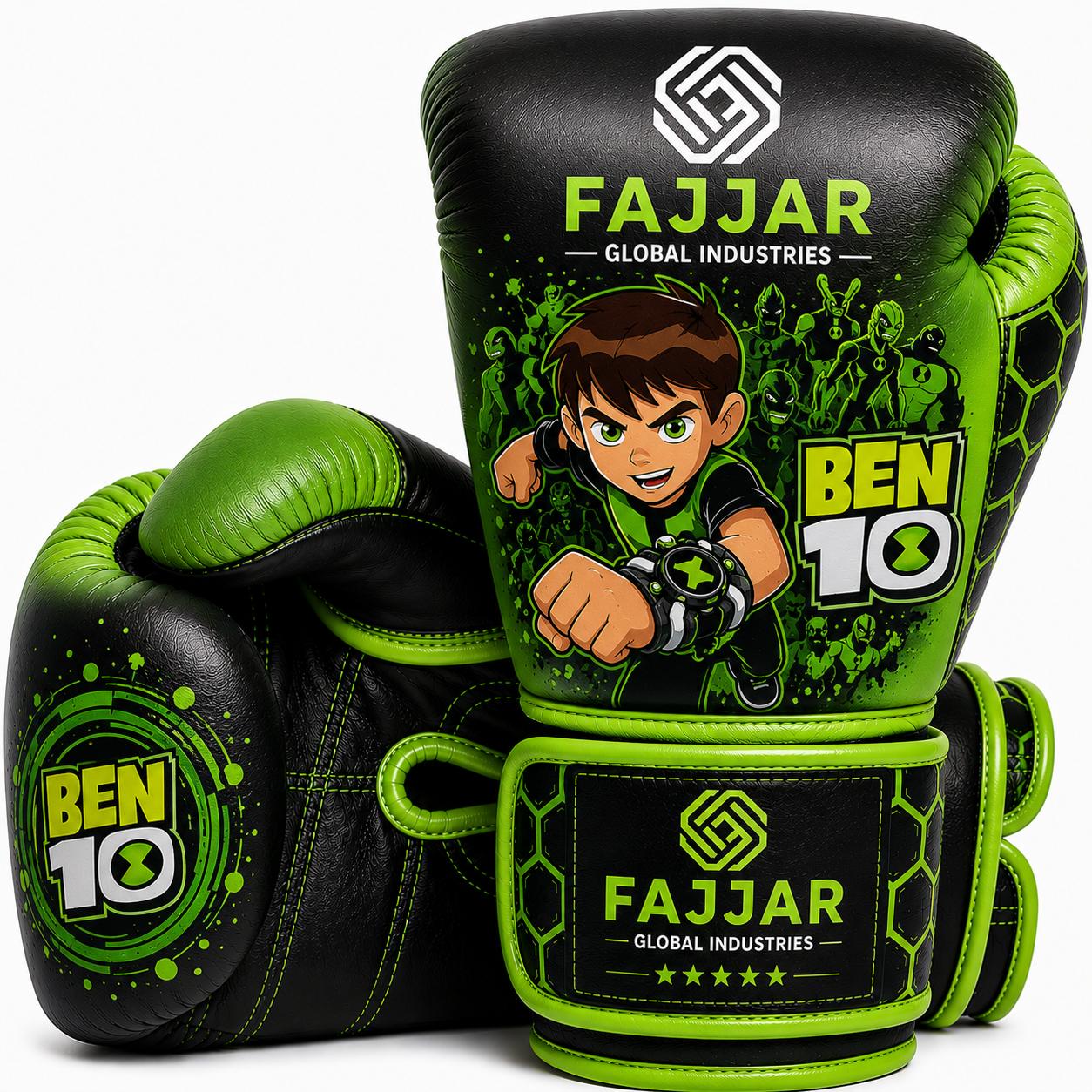 Premium Leather Fight & Sparring Gloves Ultimate Velcro, Boxing Gloves Black, Green Ben 10