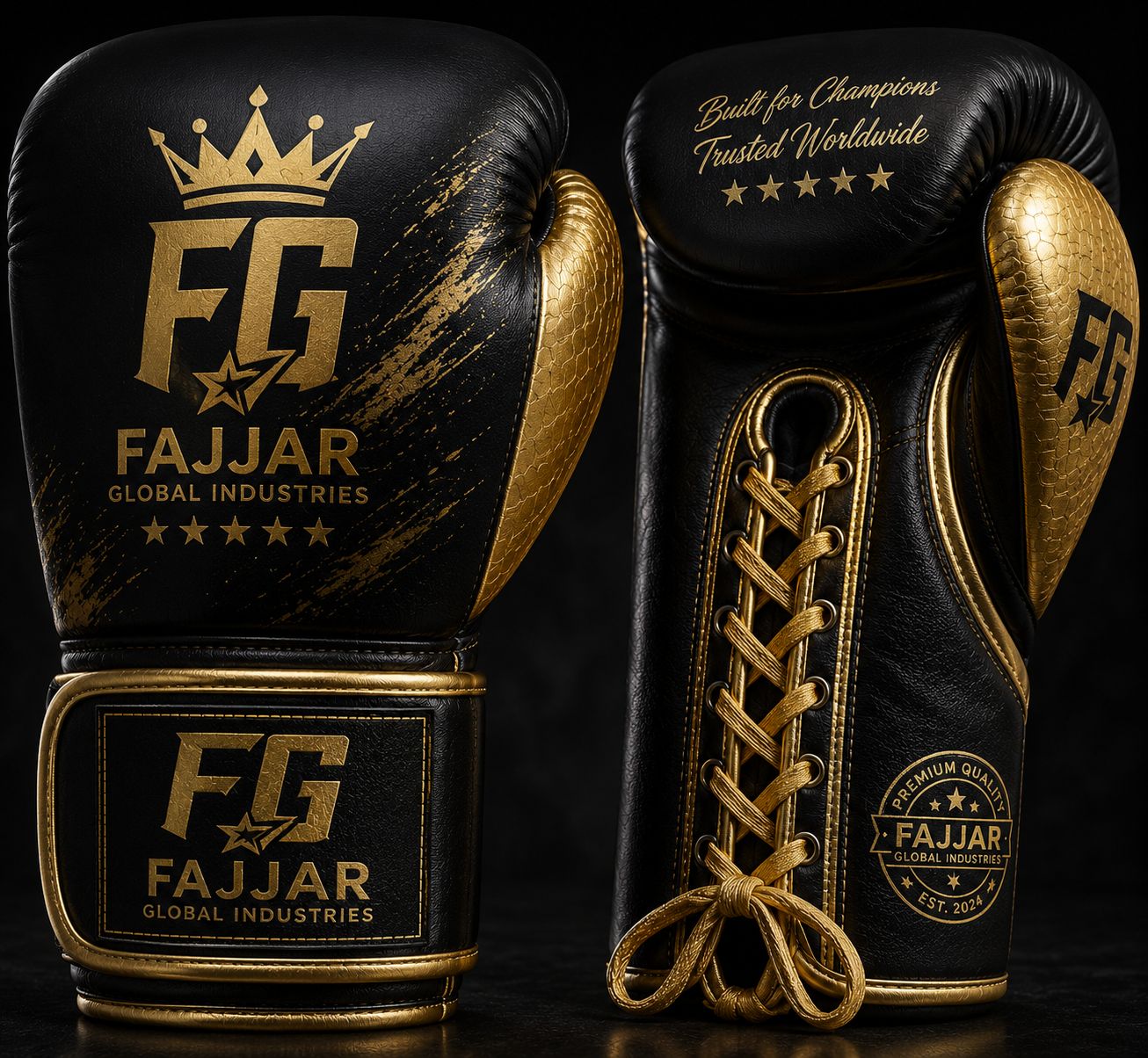 Premium Leather Fight & Sparring Gloves Ultimate Lace-Up Boxing Gloves Black, Gold