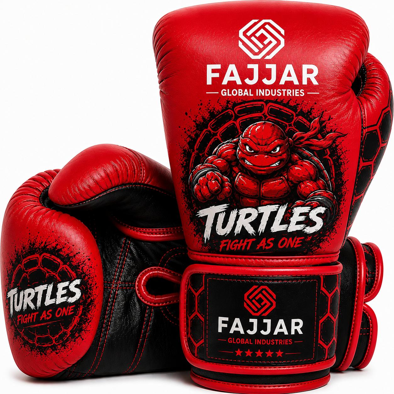 Premium Leather Fight & Sparring Gloves Ultimate Velcro, Boxing Gloves Black, Red Turtles