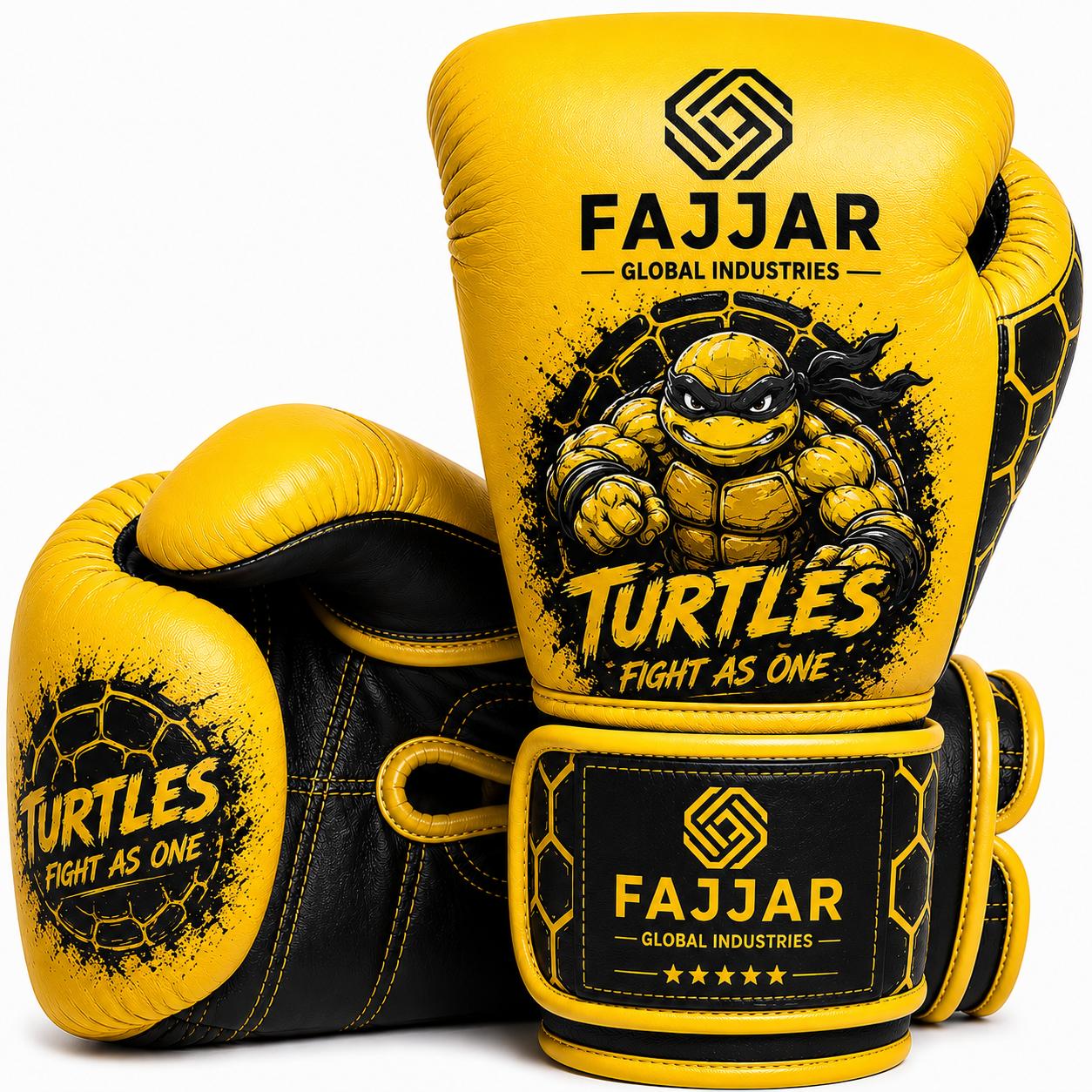 Premium Leather Fight & Sparring Gloves Ultimate Velcro, Boxing Gloves Black, Yellow Turtles