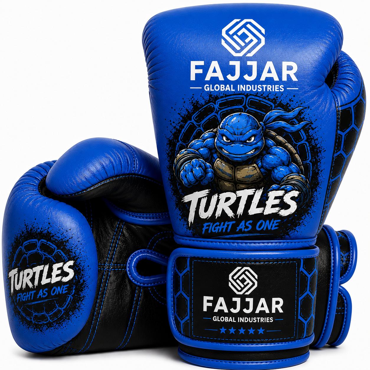 Premium Leather Fight & Sparring Gloves Ultimate Velcro, Boxing Gloves Black, Blue Turtles