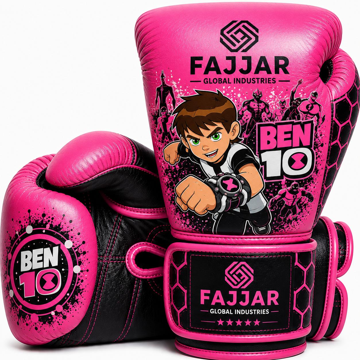 Premium Leather Fight & Sparring Gloves Ultimate Velcro, Boxing Gloves Pink, Black Ben 10
